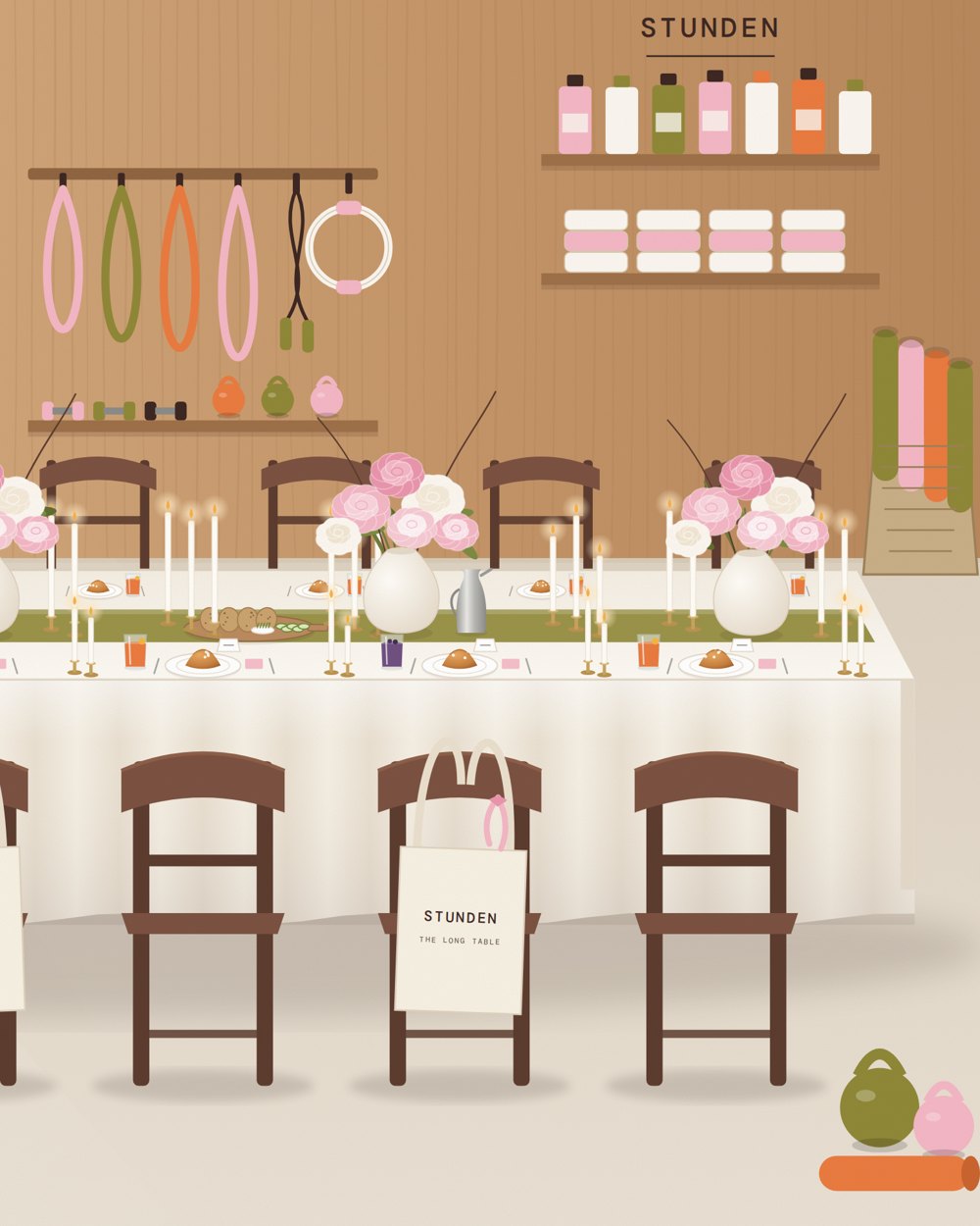 Illustration of a long shared table in a bright studio