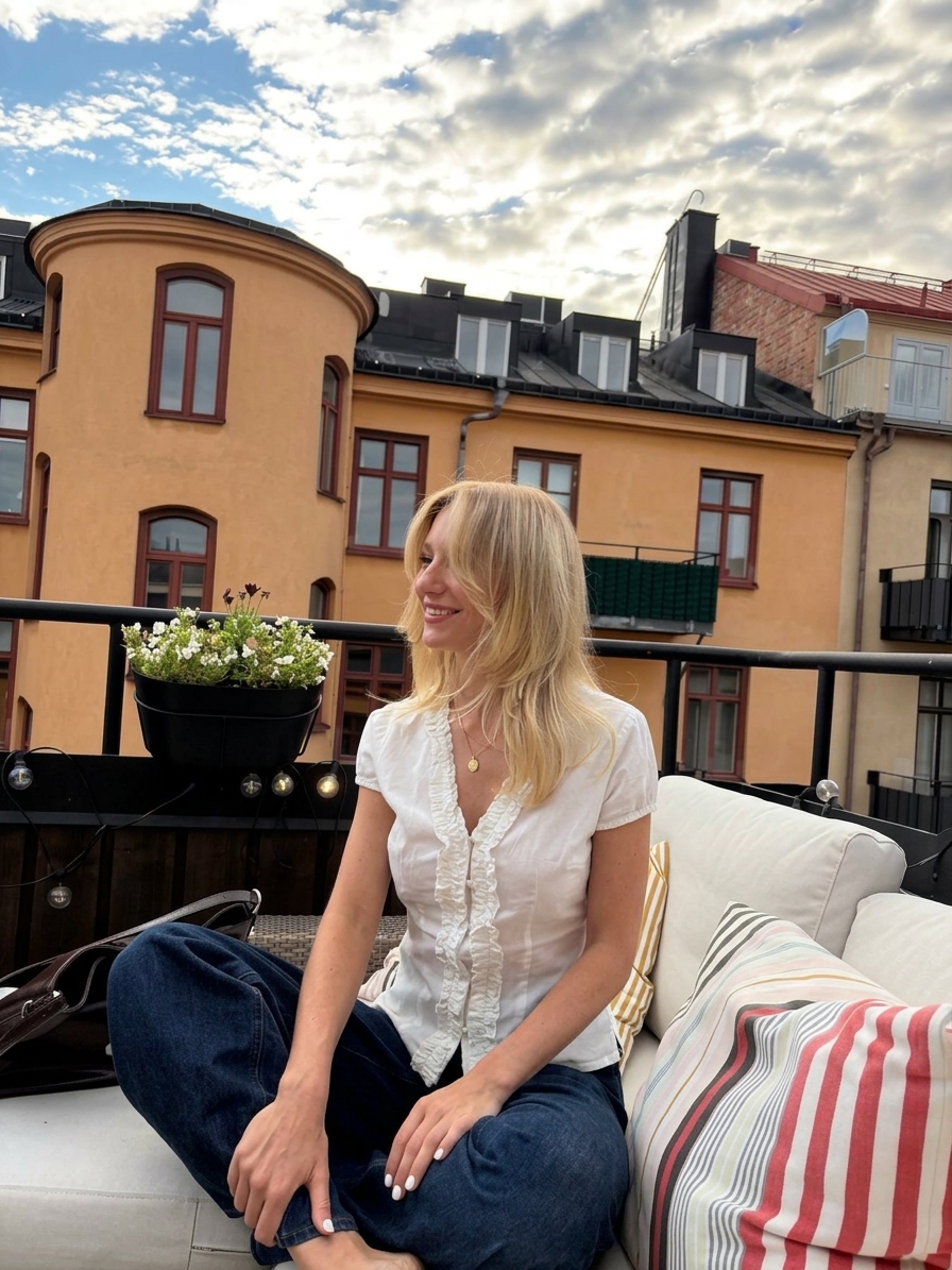 Cameron sitting on an outdoor sofa on a balcony terrace in Stockholm